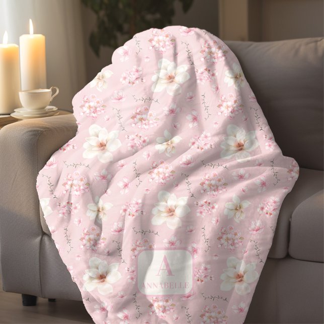 Cherry Blossom Floral Sakura Spring Monogram Pink Fleece Blanket (Cherry Blossom Floral Sakura Spring Monogram Pink Fleece Blanket)
