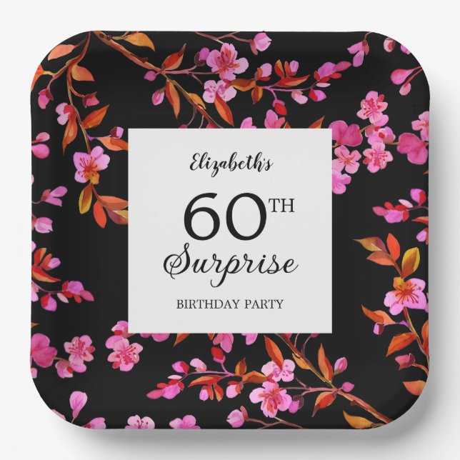 Cherry Blossom Floral Surprise Black Birthday  Paper Plate (Front)