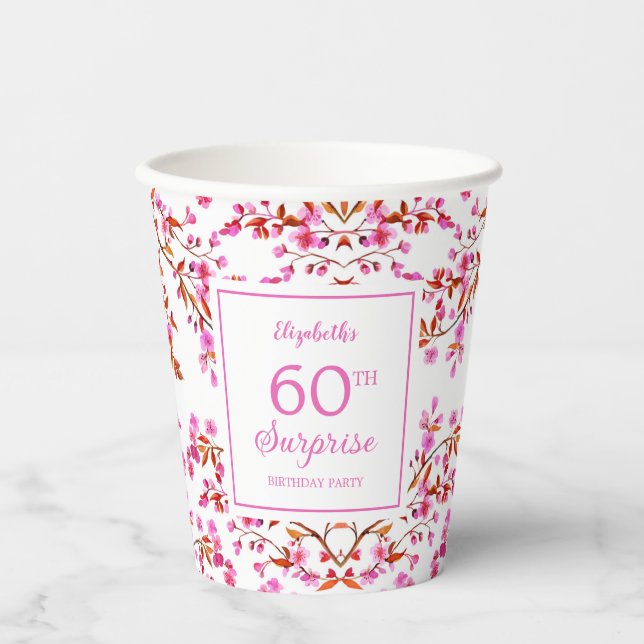 Cherry Blossom Floral Surprise Pink Birthday  Paper Cups (Front)