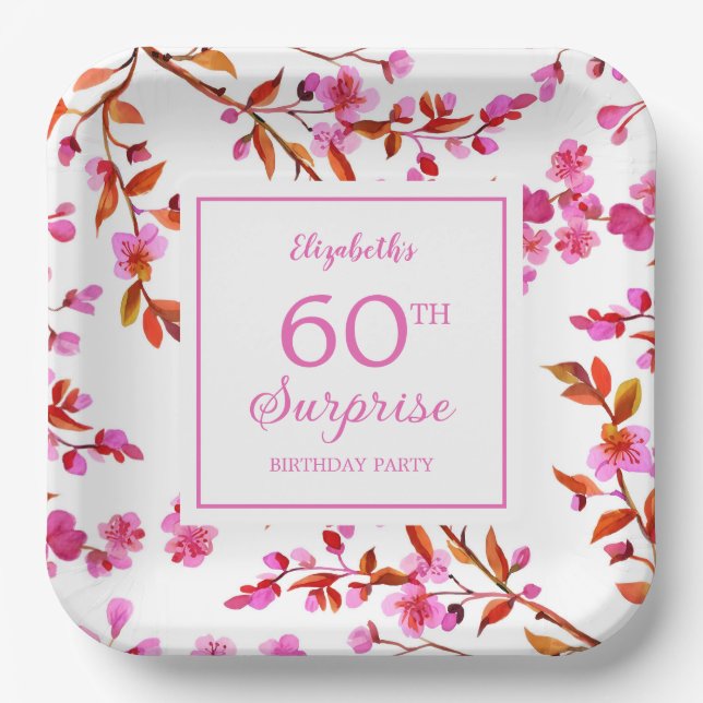 Cherry Blossom Floral Surprise Pink Birthday  Paper Plate (Front)