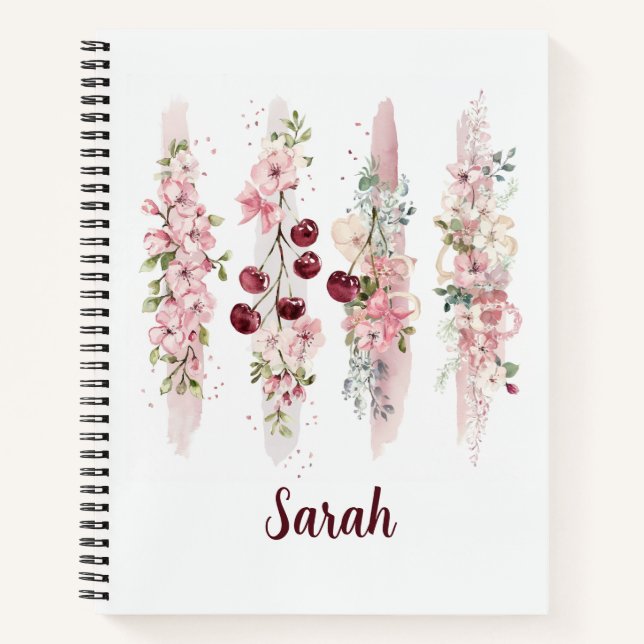 Cherry Blossom Floral Watercolor, Add Name Notebook (Front)