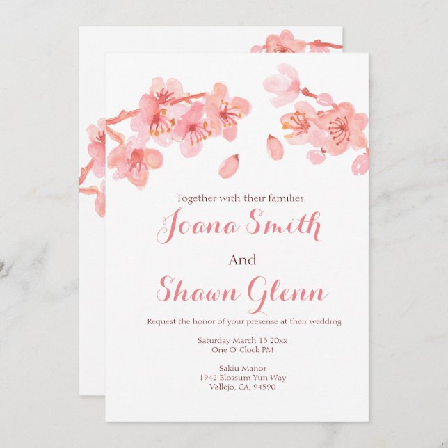 Cherry blossom floral wedding invitation (Front/Back)