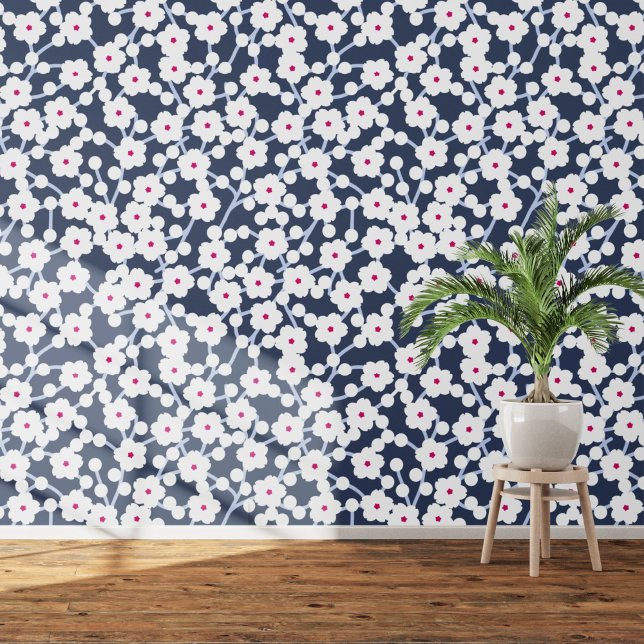 Cherry Blossom Floral White on Indigo Blue Wallpaper (White on navy blue cherry blossom art wallpaper)