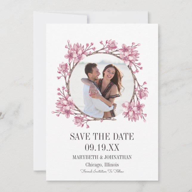 Cherry Blossom Floral Wreath Photo Save The Date (Front)