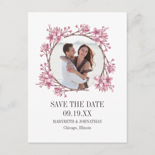 Cherry Blossom Floral Wreath Save The Date Photo Invitation Postcard (Front)