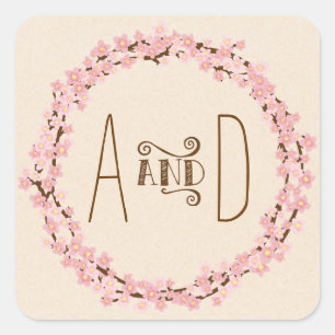 Cherry Blossom Flower Wreath Rustic Wedding Square Sticker