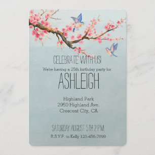 Cherry Blossom Flowers and Birds birthday Invitation