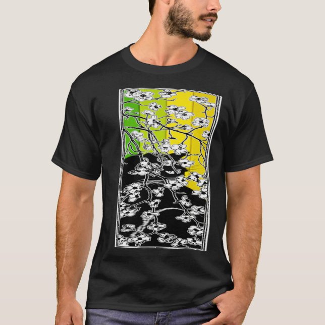 Cherry Blossom Flowers Cat Black Stripes Green and T-Shirt (Front)