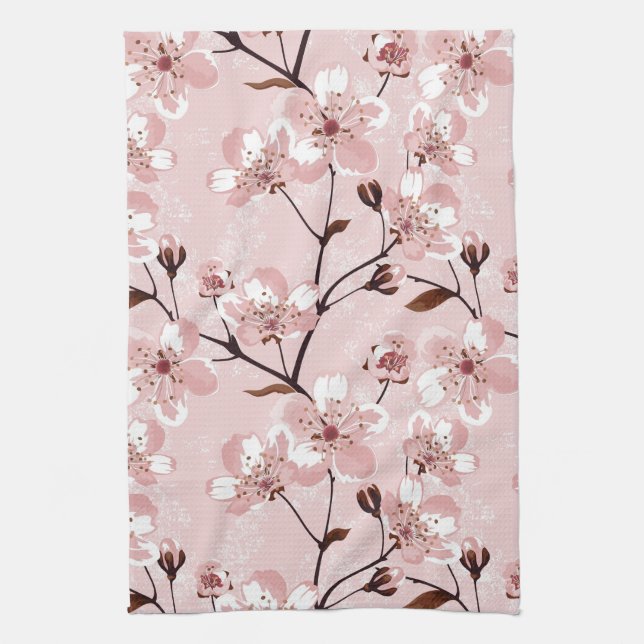 Cherry Blossom Flowers Pattern Tea Towel (Vertical)