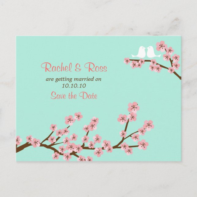 Cherry Blossom Garden Pink Green Wedding Announcement Postcard (Front)