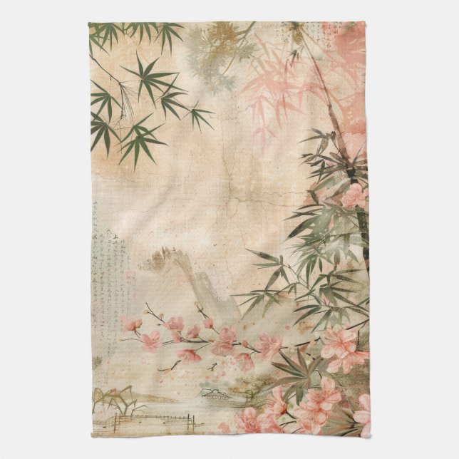 Cherry Blossom Garden Scene (1) Tea Towel (Vertical)