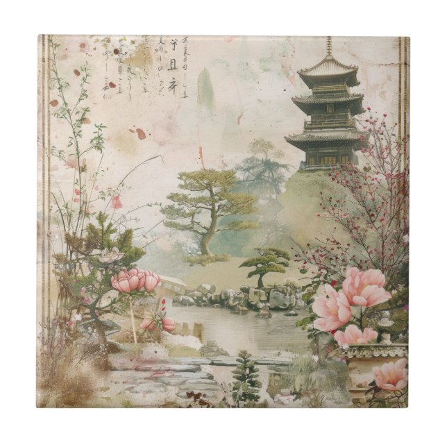 Cherry Blossom Garden Scene (3) Ceramic Tile (Front)