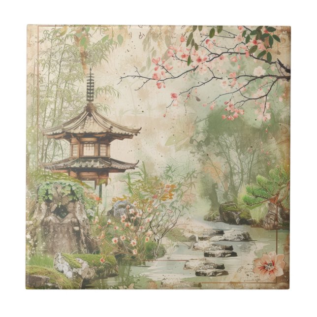 Cherry Blossom Garden Scene (4) Ceramic Tile (Front)
