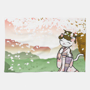 Cherry Blossom Geisha Kitty Tea Towel