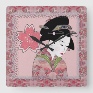 Cherry Blossom Geisha Square Wall Clock