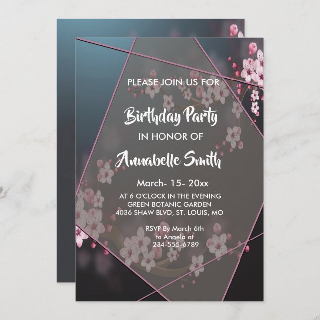 Cherry Blossom Geometric Floral Birthday Party Invitation (Front/Back)