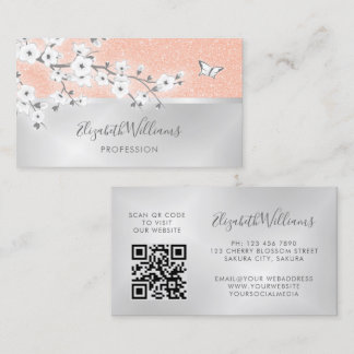 Cherry Blossom Glitter Silver Business Card