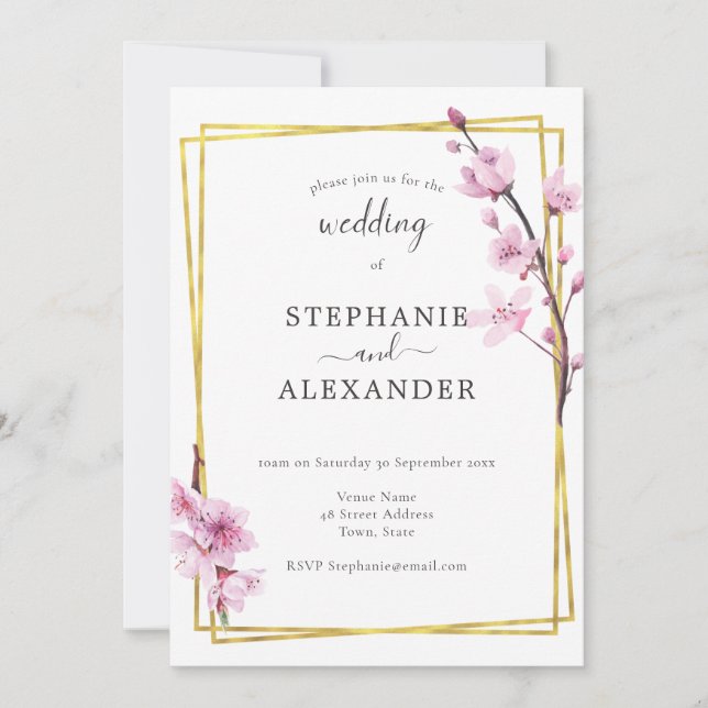 Cherry Blossom & Gold Frame Wedding Invitation (Front)
