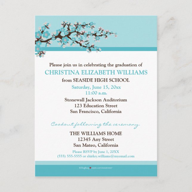Cherry Blossom Graduation Announcement (aqua) Postcard (Front)