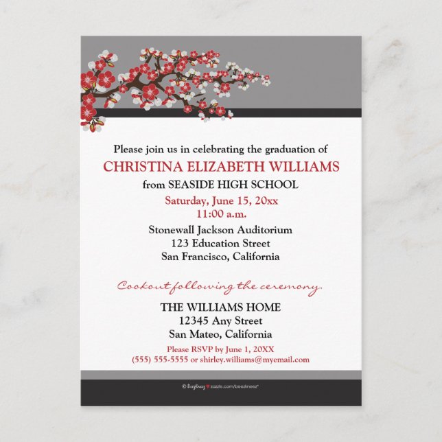 Cherry Blossom Graduation Announcement (black) (Front)