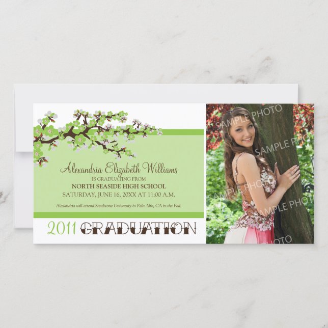 Cherry Blossom Graduation Announcement (green) (Front)
