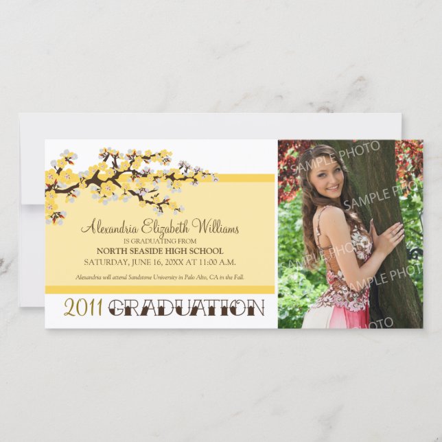 Cherry Blossom Graduation Announcement (yellow) (Front)