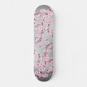 Cherry Blossom Grey Pink Asia Floral Skateboard
