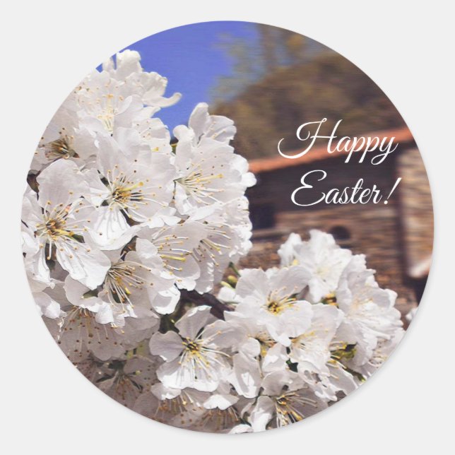 Cherry Blossom. Happy Easter. Classic Round Sticker (Front)