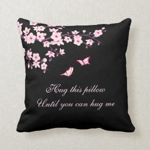 Cherry Blossom Hug Me Saying Pink Black Cushion