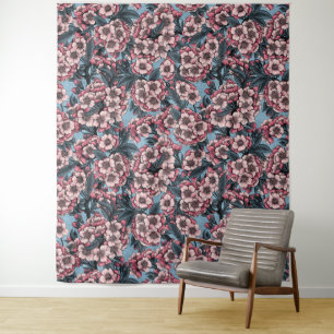 Cherry blossom in pink and blue tapestry