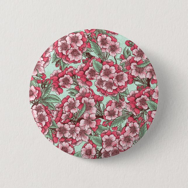 Cherry blossom in pink and mint 6 cm round badge (Front)