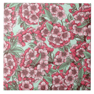 Cherry blossom in pink and mint ceramic tile