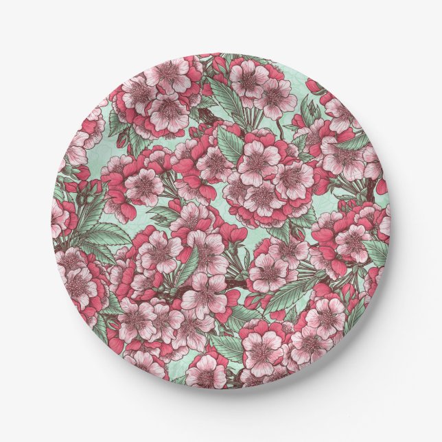 Cherry blossom in pink and mint paper plate (Front)