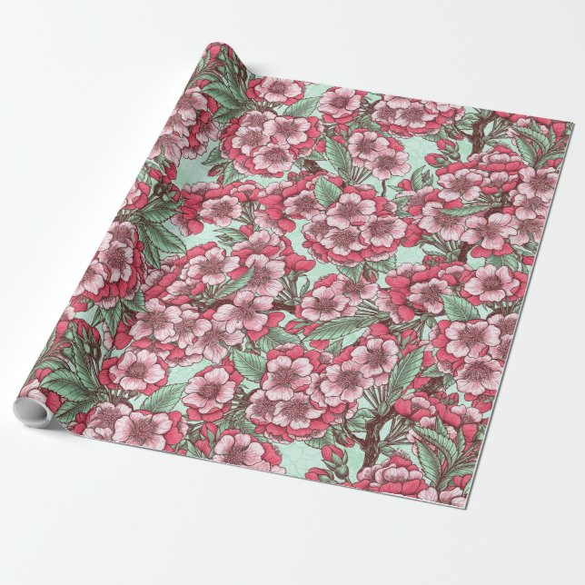Cherry blossom in pink and mint wrapping paper (Unrolled)