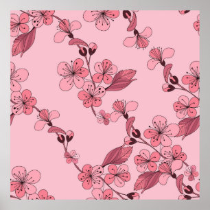 Cherry blossom in pink colour on white background. poster