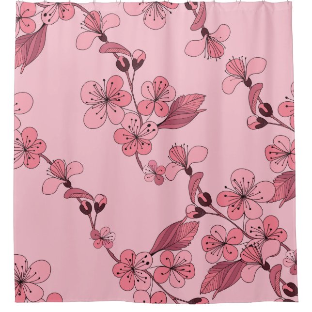 Cherry blossom in pink colour on white background. shower curtain (Front)