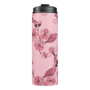 Cherry blossom in pink colour on white background. thermal tumbler