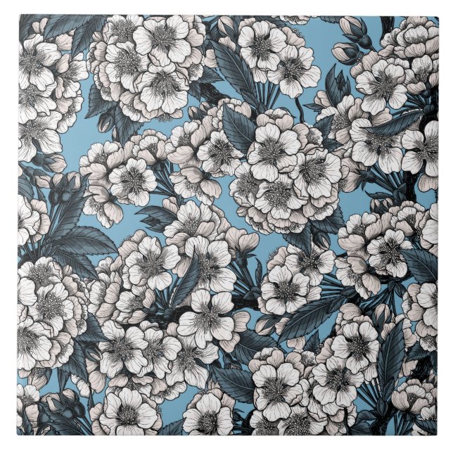 Cherry blossom in white and blue ceramic tile (Front)