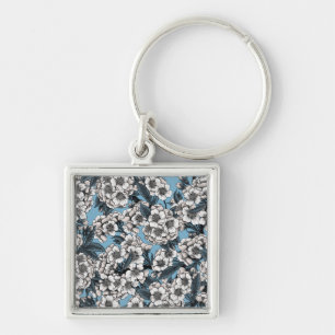 Cherry blossom in white and blue key ring