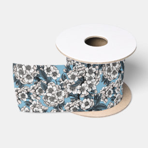 Cherry blossom in white and blue satin ribbon