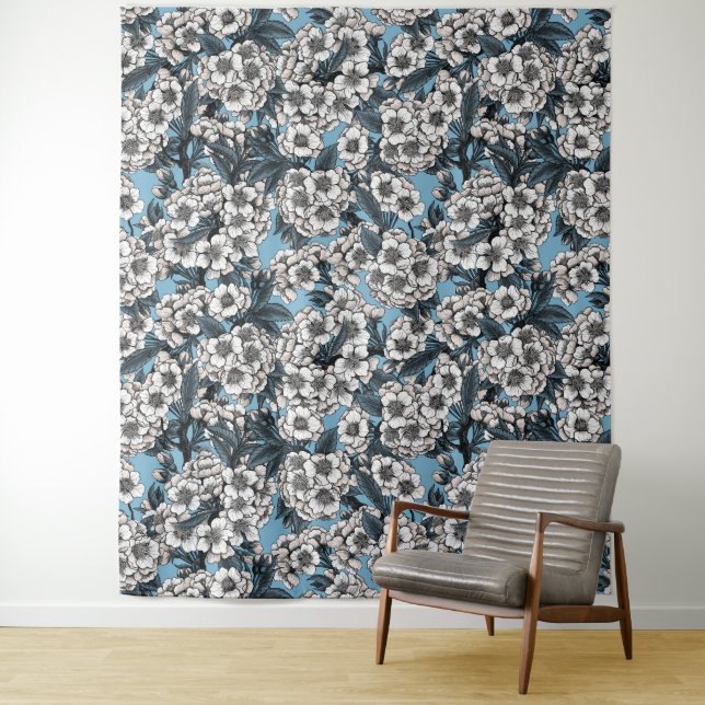 Cherry blossom in white and blue tapestry (In Situ)