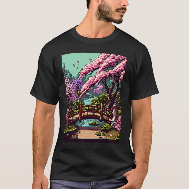 Cherry Blossom Japanese bridge retro 16bit video g T-Shirt (Front)