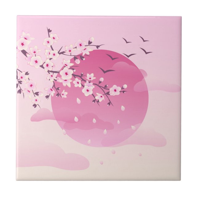Cherry Blossom Japanese Landscape Pink Ceramic Tile (Front)