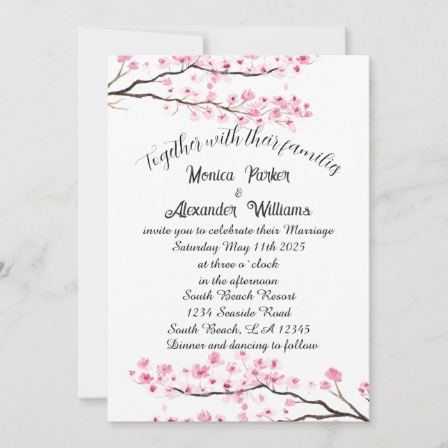Cherry Blossom Japanese Sakura Pink Wedding Invitation (Front)