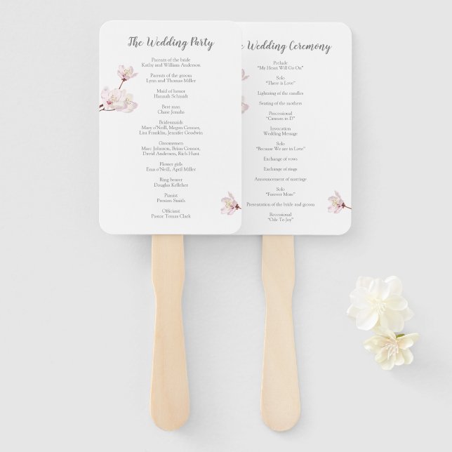Cherry Blossom Japanese Sakura Wedding Program Hand Fan (Front and Back)