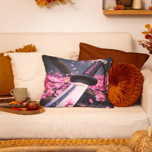 Cherry Blossom Katana in the Rain - Japanese Samur Cushion