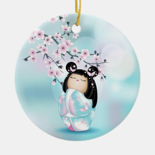 Cherry Blossom Kokeshi Doll Pink Turquoise Ceramic Ornament