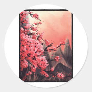 Cherry blossom landscape classic round sticker
