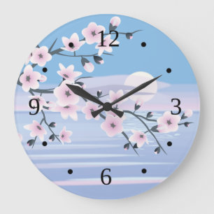 Cherry Blossom Landscape Sea Pink Blue Large Clock