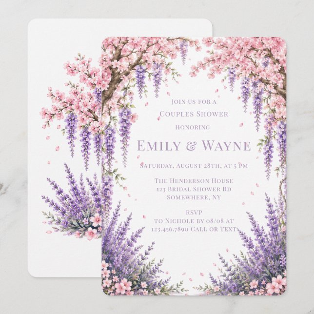 Cherry Blossom Lavender Tree Couples Shower Invitation (Front/Back)